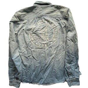 Indian Motorcycles Sz 2XL Chambray Denim Logo Printed Pearl Snap Shirt VTG Fade